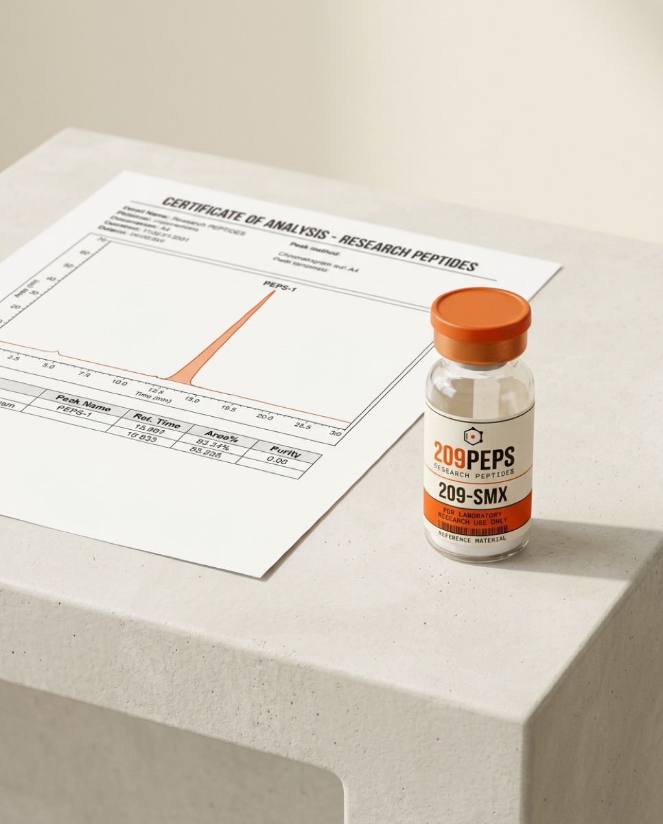 Certificate of analysis on the bench beside a research vial